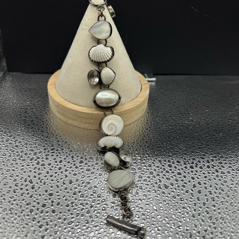 Silver and White Beaded Bracelet with Toggle Clasp